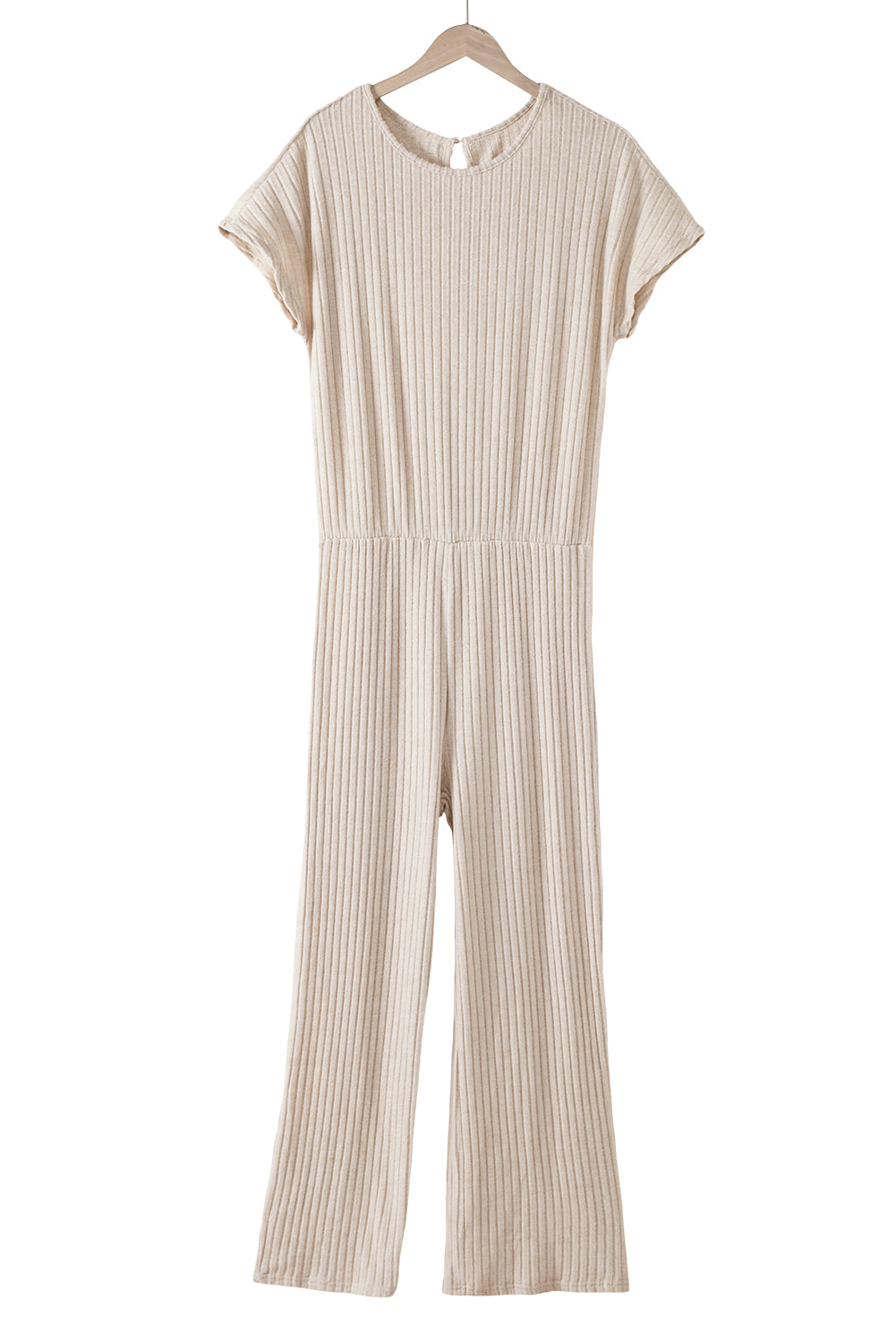 Parchment Ribbed Short Sleeve Wide Leg Jumpsuit.