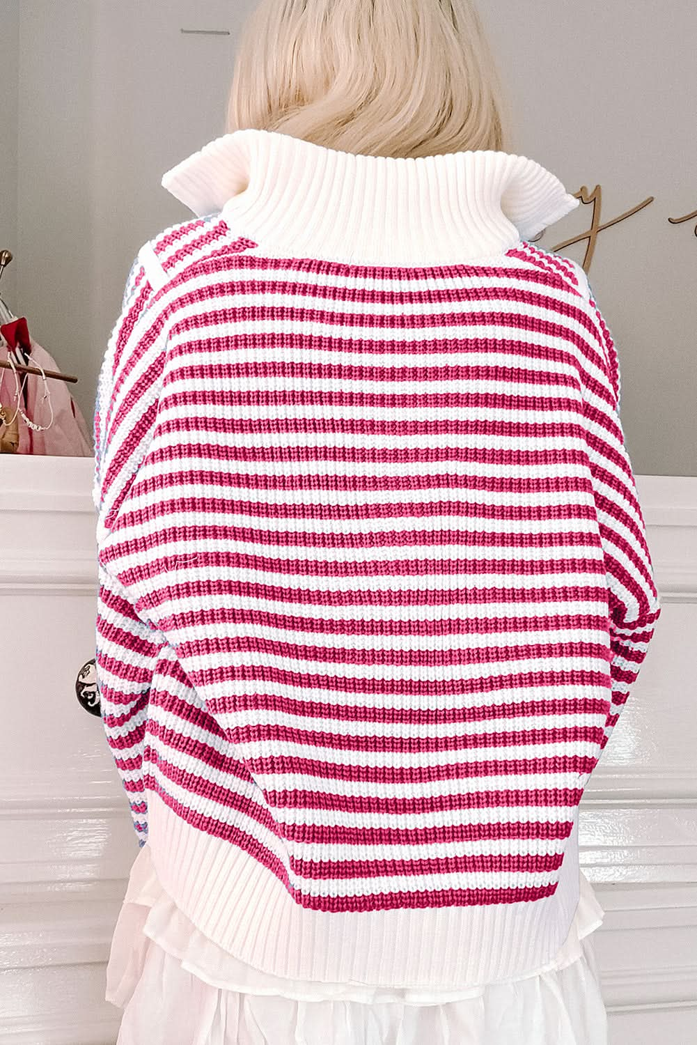 Black Stripe Zip-Up Collar Drop Sweater for Casual Elegance