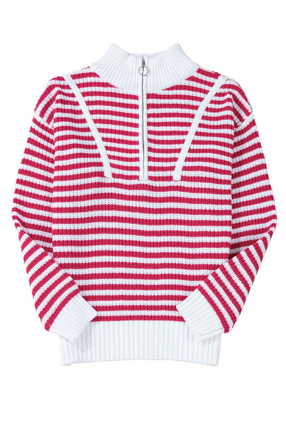 Black Stripe Zip-Up Collar Drop Sweater for Casual Elegance