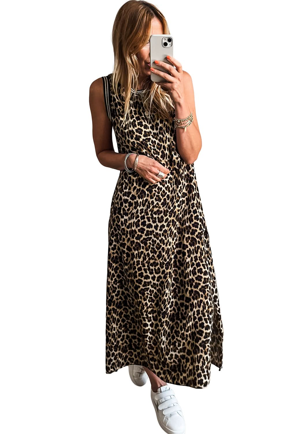 Black Contrast Striped Trim Leopard Sleeveless Midi Dress.