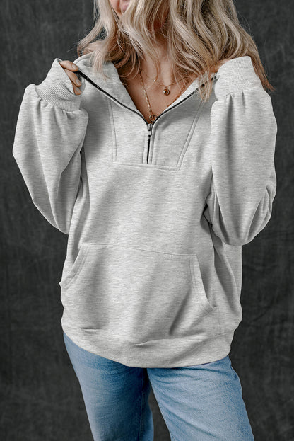 Zip-up Stand Neck Kangaroo Pocket Hoodie.