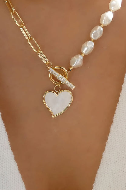 Gold Heart Shape Pendant Rhinestone Pearl Chain Necklace.