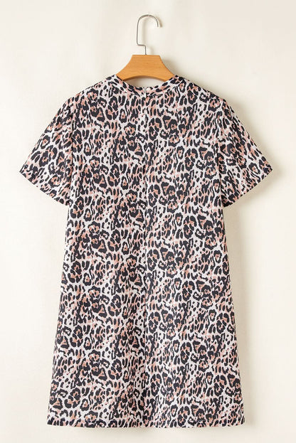 Brown Leopard Print Short Sleeve Pocket Mini Dress.