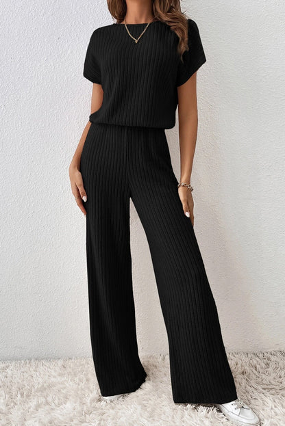 Parchment Ribbed Short Sleeve Wide Leg Jumpsuit