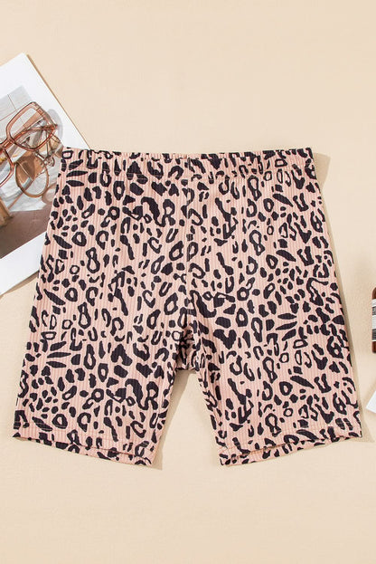 Khaki Leopard Print Ribbed Textured Knit Biker Shorts.