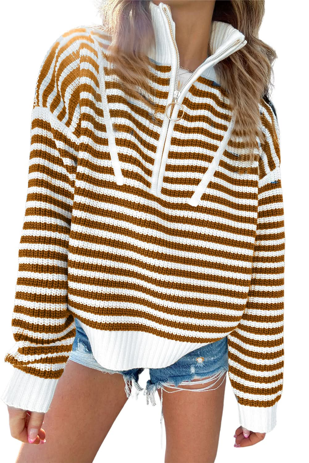 Black Stripe Zip-Up Collar Drop Sweater for Casual Elegance