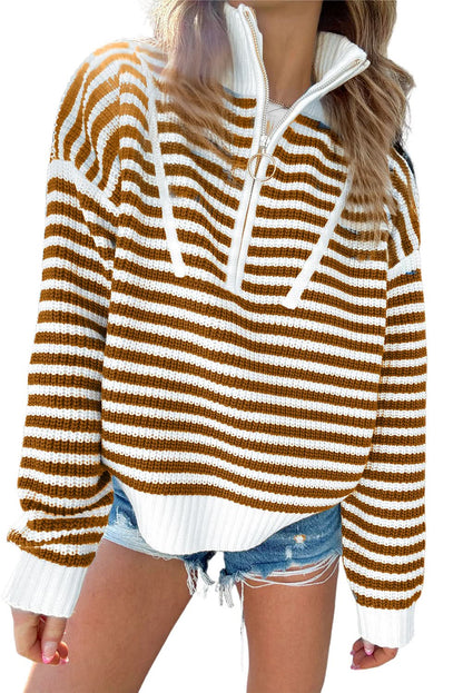 Black Stripe Zip-Up Collar Drop Sweater for Casual Elegance