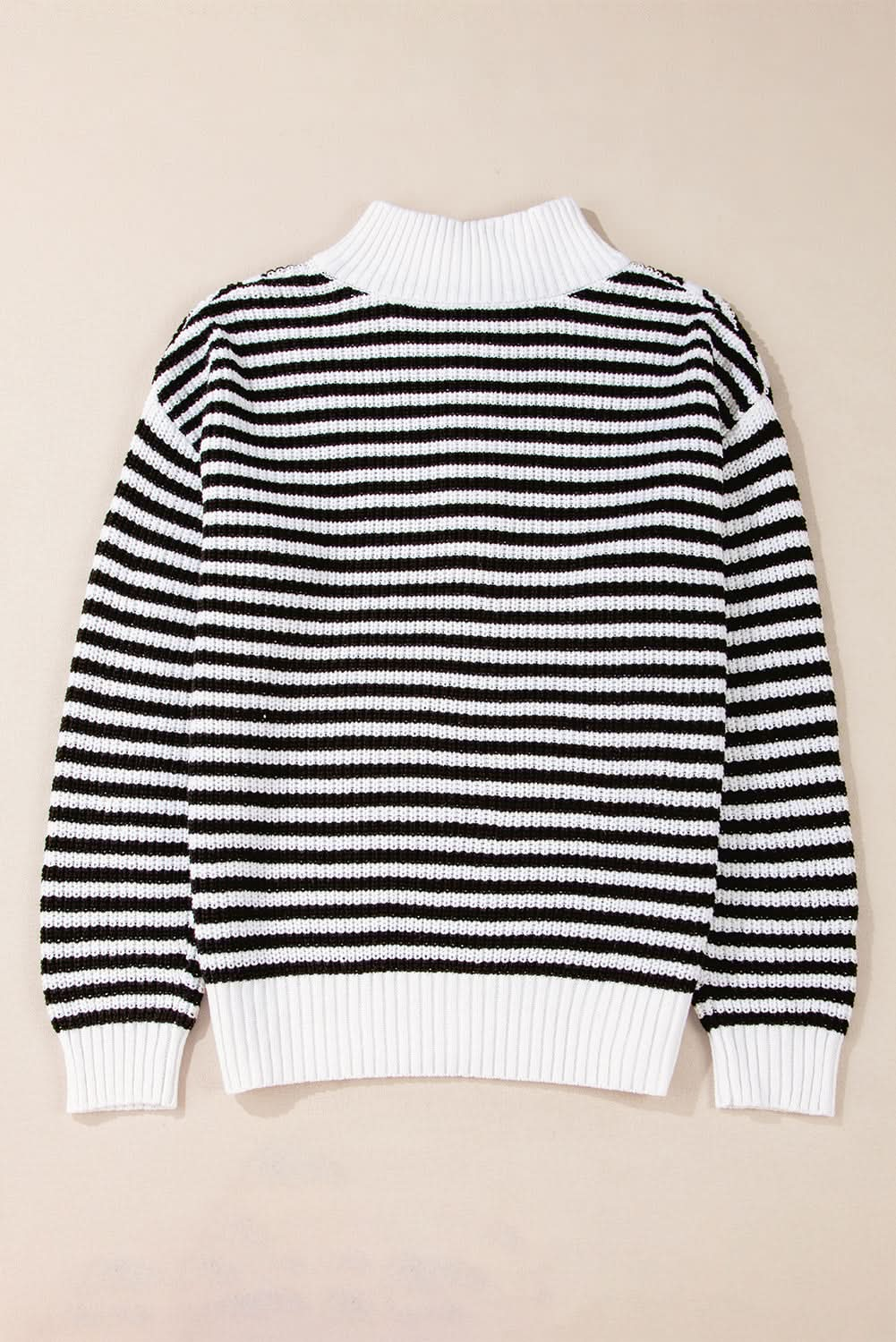 Black Stripe Zip Up Collar Drop Sleeve Sweater.