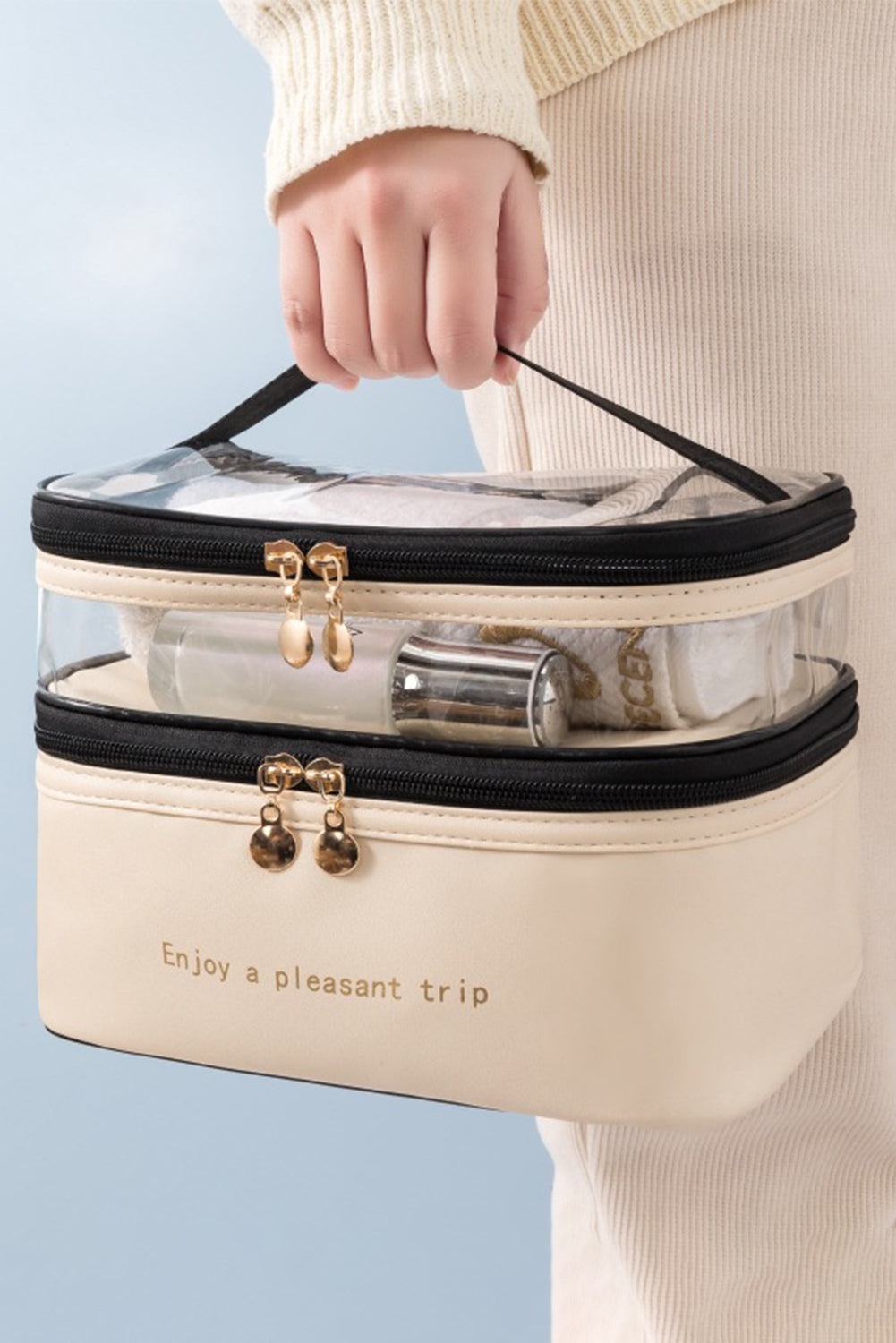 Beige Waterproof PVC Double Layer Cosmetic Bag.