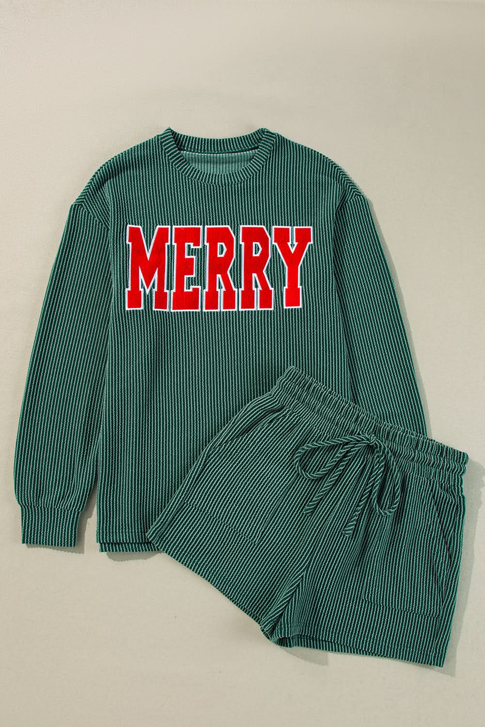 Evergreen Corded MERRY Top and Shorts Set.