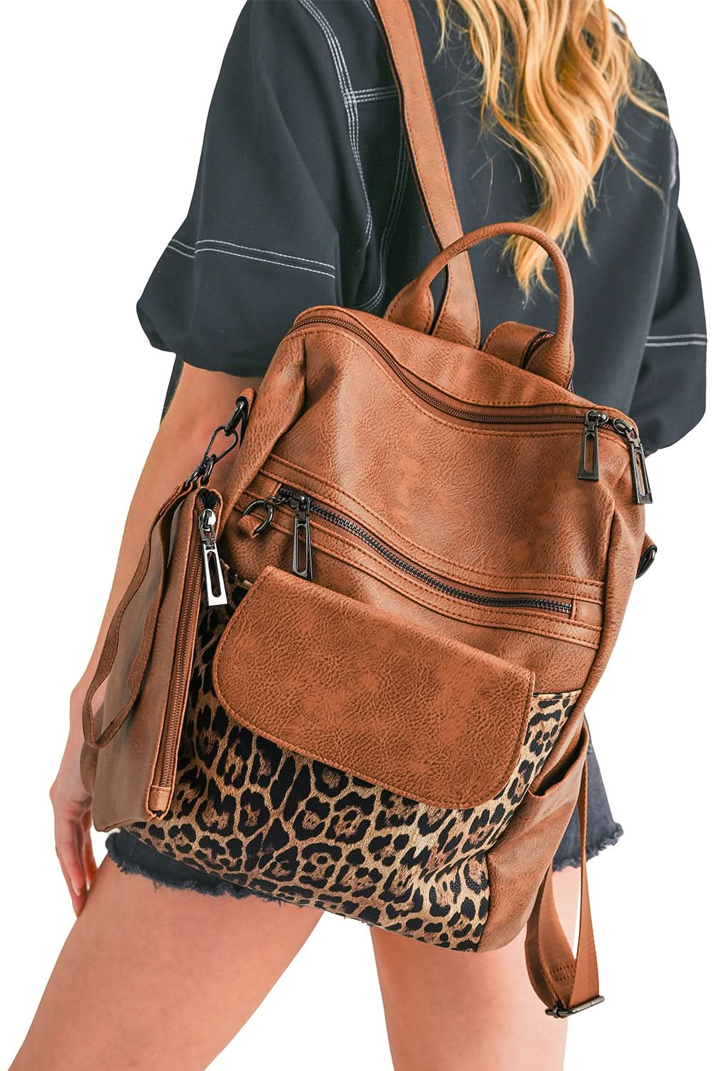 Coffee Leopard Patchwork PU Leather Functional Backpack.