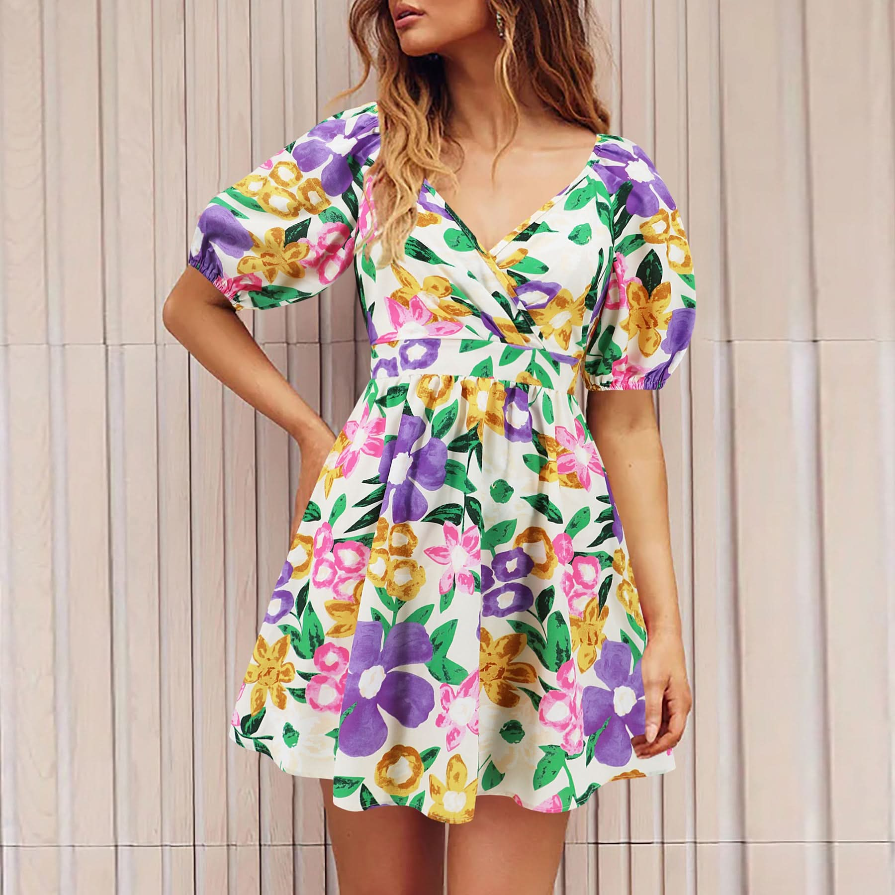 Flowers Print V-Neck Lantern-sleeve Dress.