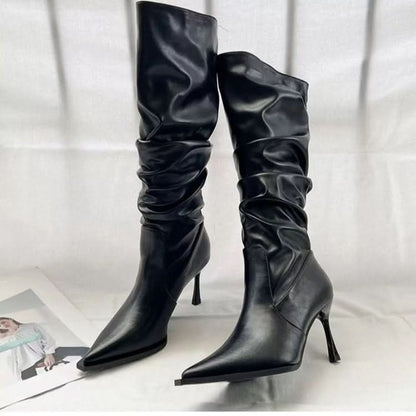 European And American Pointed Pleated High Boots Women.