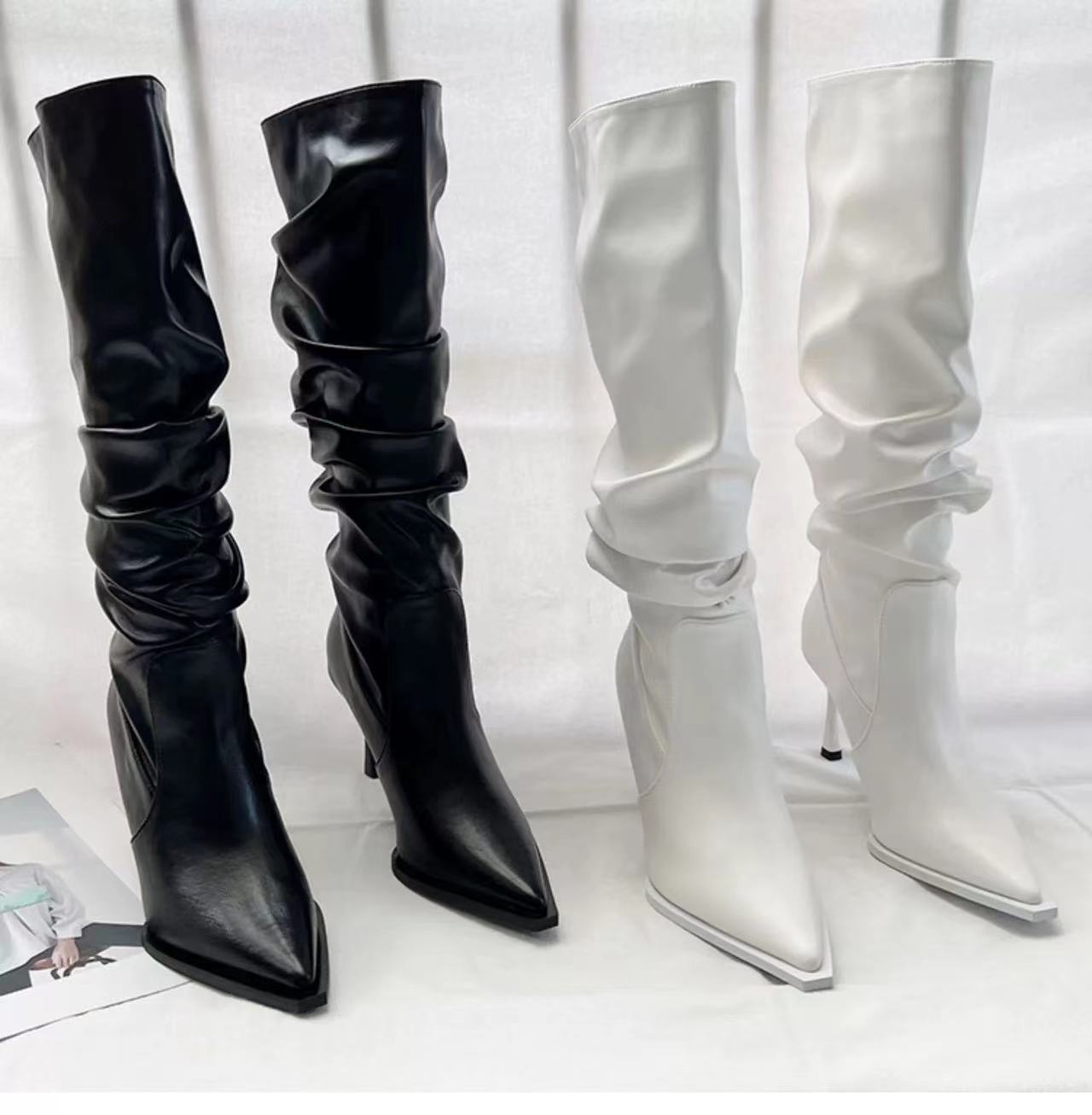 European And American Pointed Pleated High Boots Women