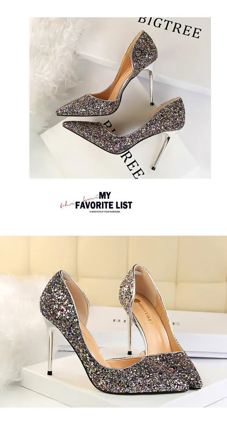 Skinny Women’s Shoes Stiletto Heel Shallow Mouth Pointed Side Hollow-out Sequin