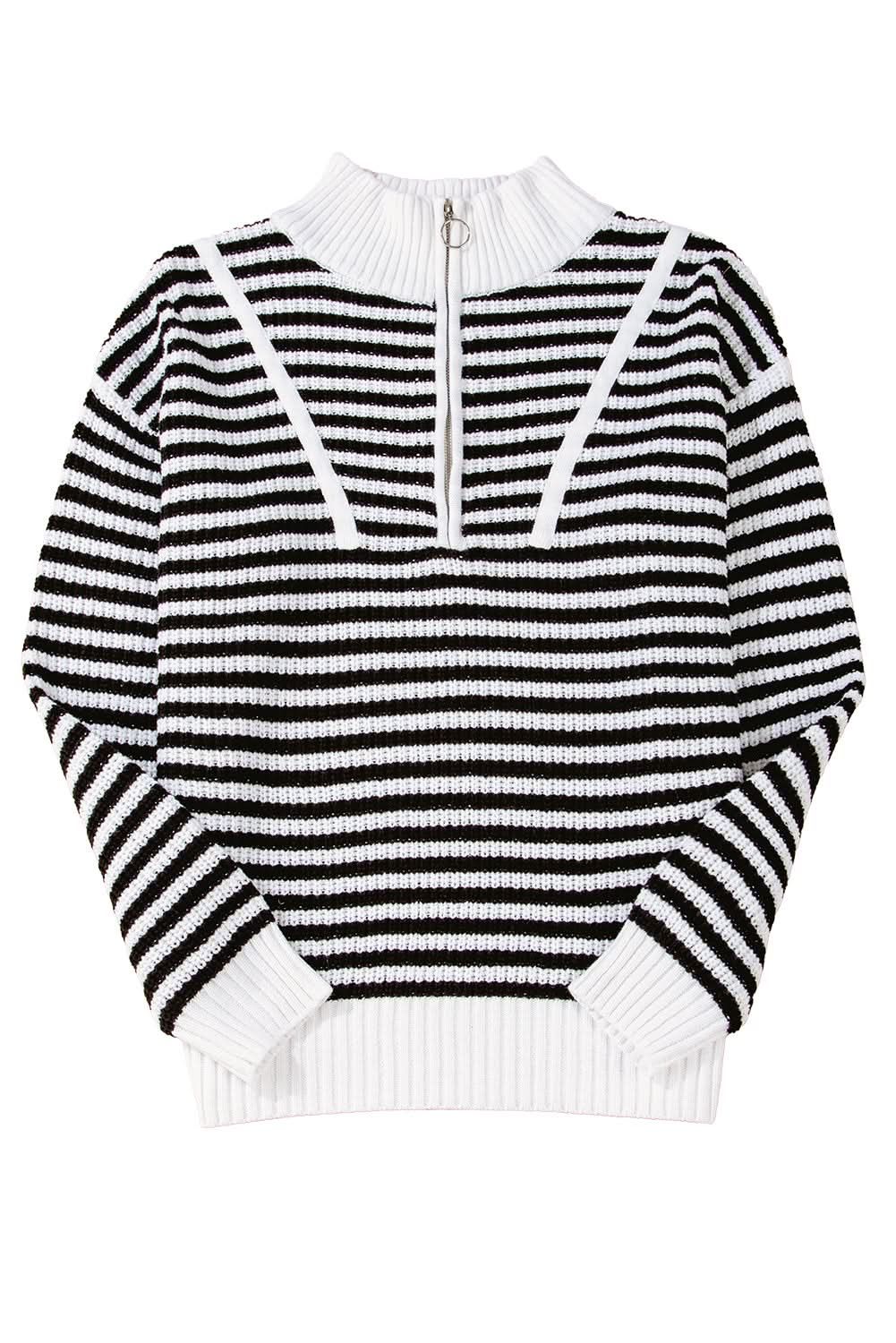 Black Stripe Zip Up Collar Drop Sleeve Sweater.