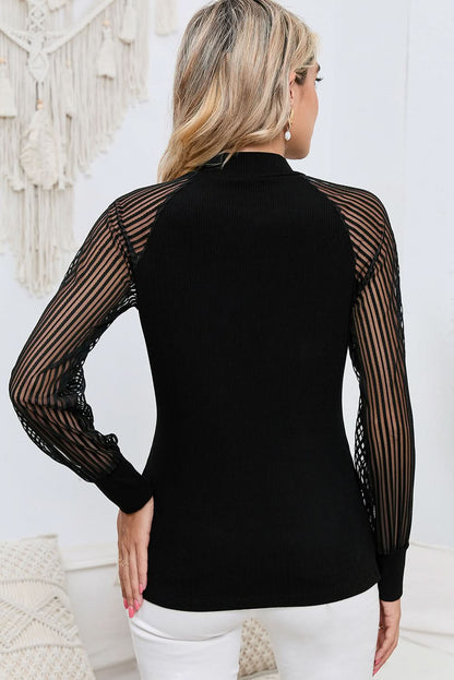 Black Basic Crew Neck Dressy Striped Mesh Long Sleeve Top.