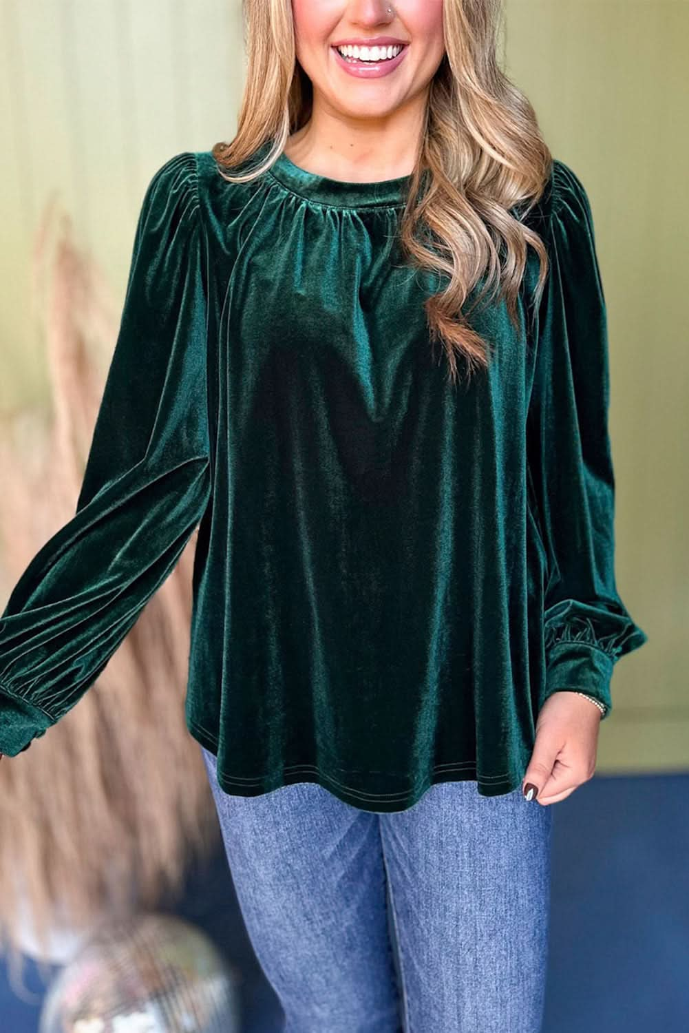 Sea Green Elegant Velvet Long Puff Sleeve Blouse.