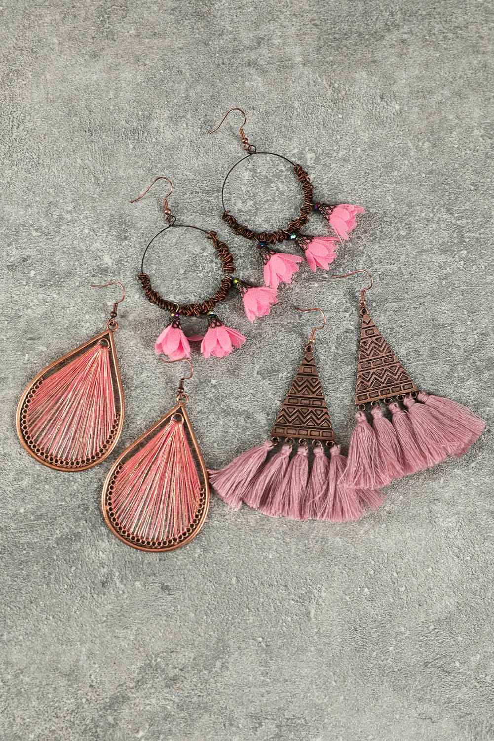 3 Pairs Boho Floral Tasseled Geometric Dangle Earrings Set.