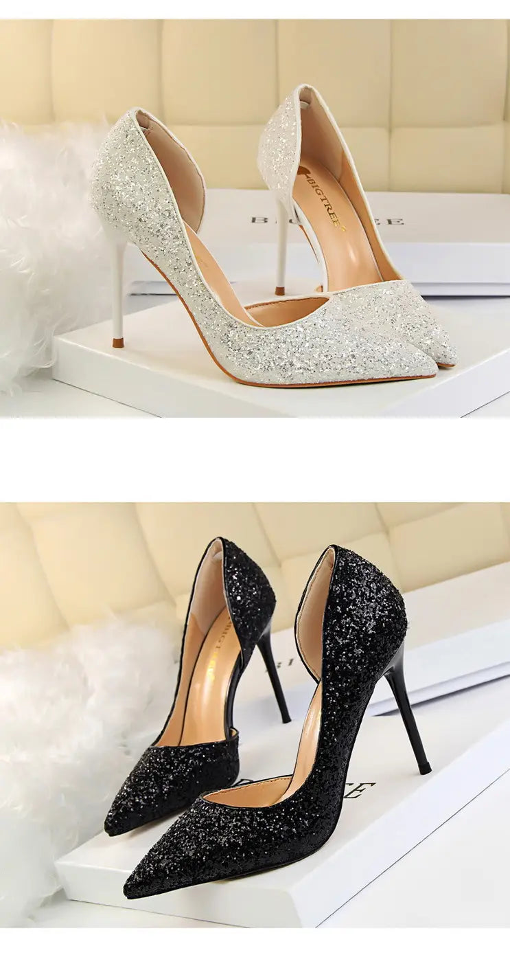 Skinny Women’s Shoes Stiletto Heel Shallow Mouth Pointed Side Hollow-out Sequin