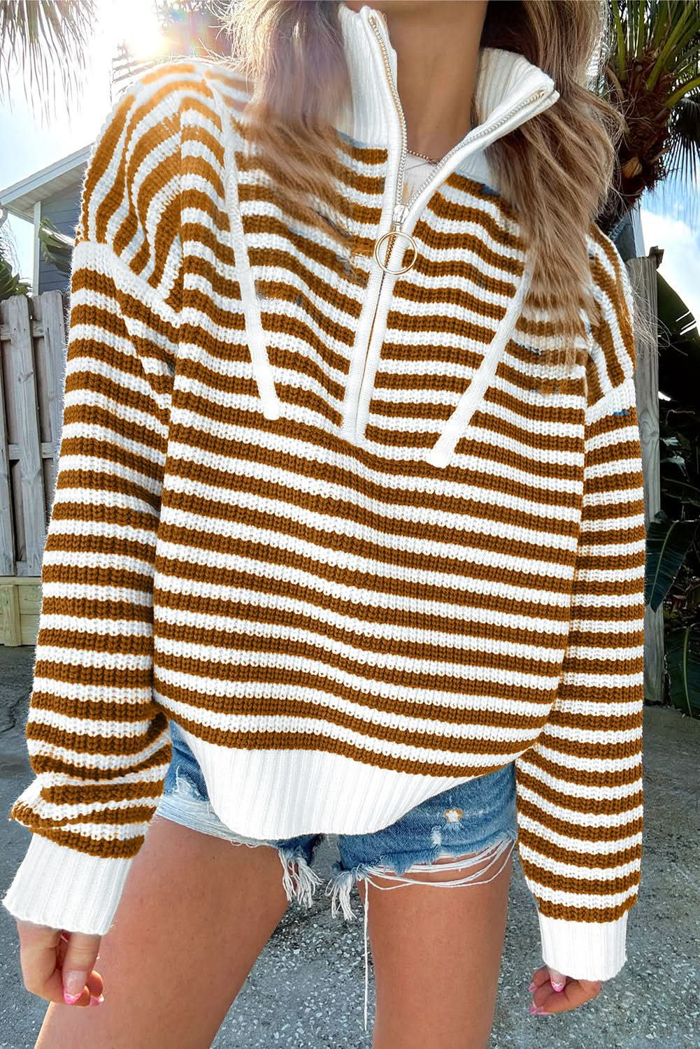 Black Stripe Zip-Up Collar Drop Sweater for Casual Elegance