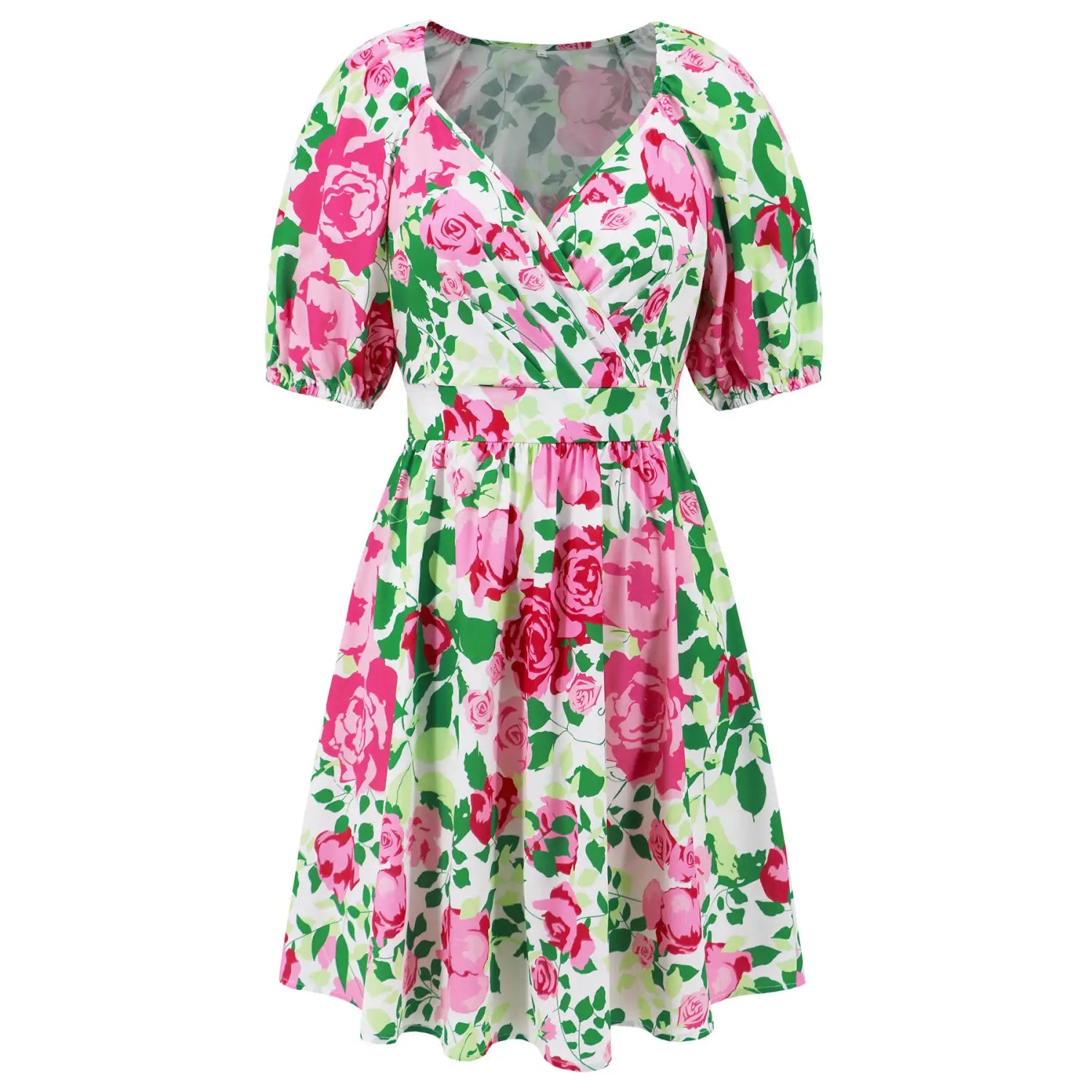 Flowers Print V-Neck Lantern-sleeve Dress