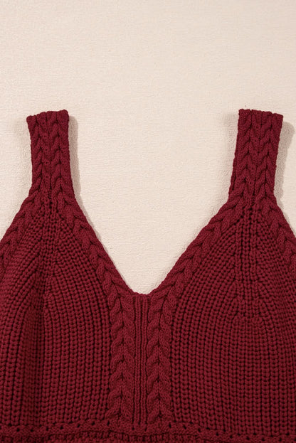 Burgundy Slim Fit V Neck Cable Knit Pointelle Camisole.