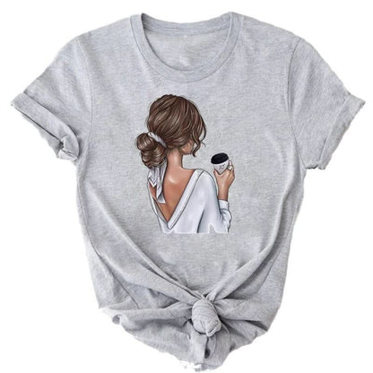 Women's Coffee Cartoon Printed Clothing Top.