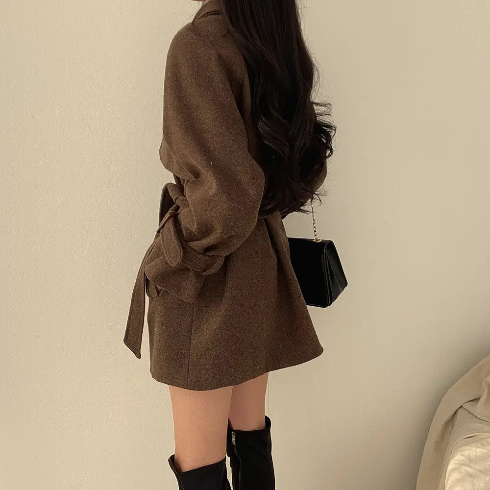 Korean Style Fashion Lace-up Retro Woolen Trench Coat