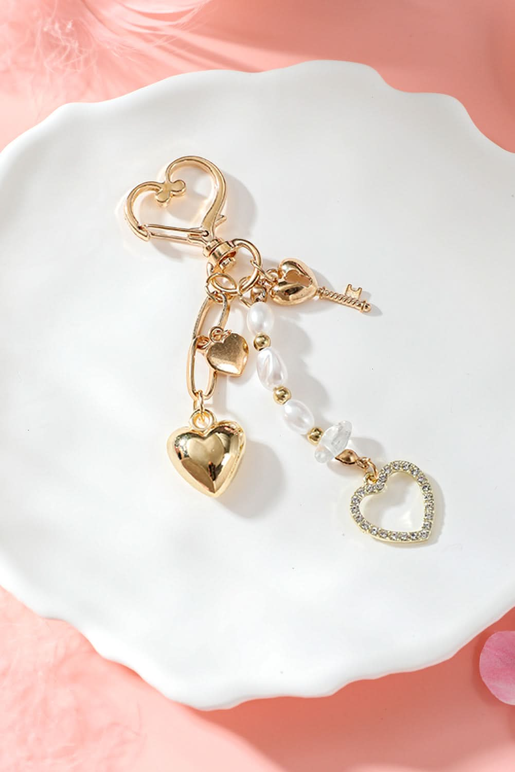 Gold Pearl Heart Aesthetic Charm Keychain.