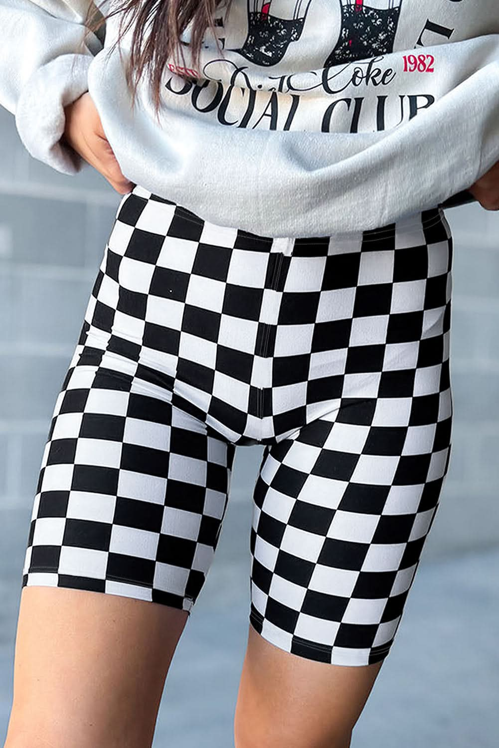 Black Checkerboard Printed High Waist Biker Shorts.