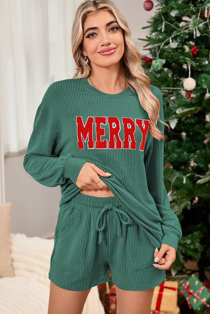 Evergreen Corded MERRY Top and Shorts Set.