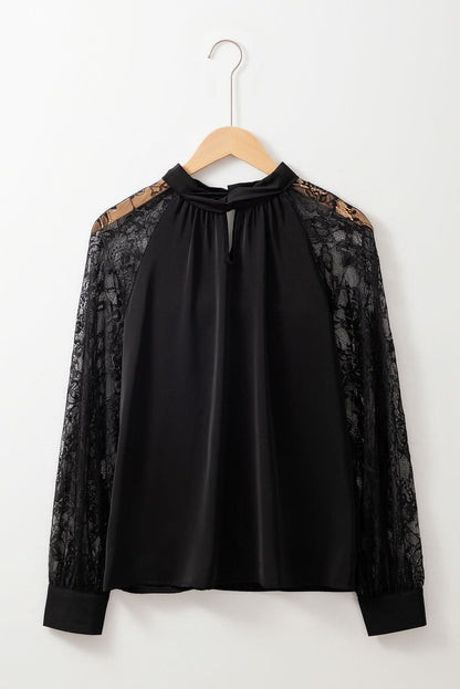 Black Keyhole Neckline Lace Splicing Raglan Sleeve Blouse.