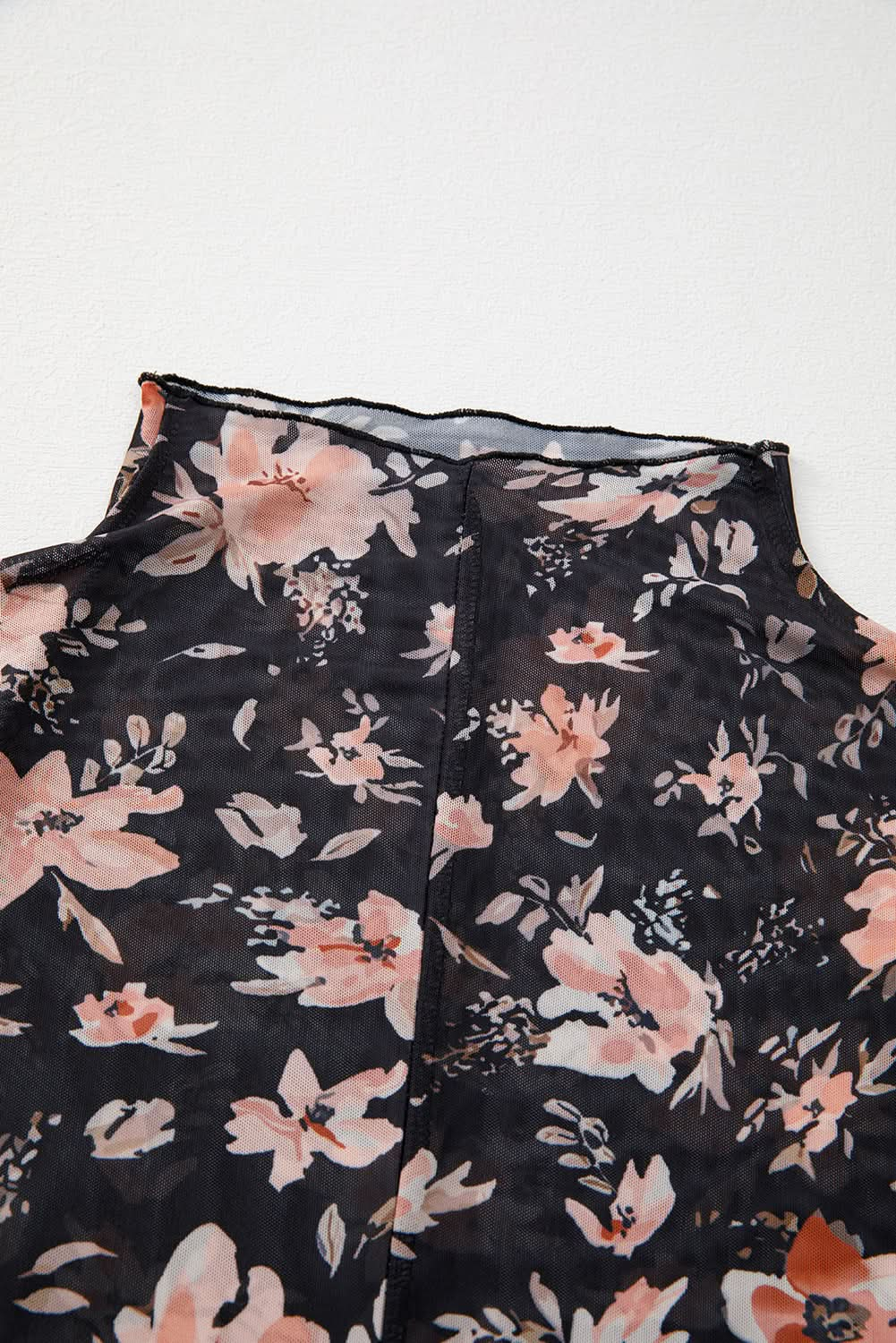 Black Floral Long Sleeve Slim Fit Mesh Top.