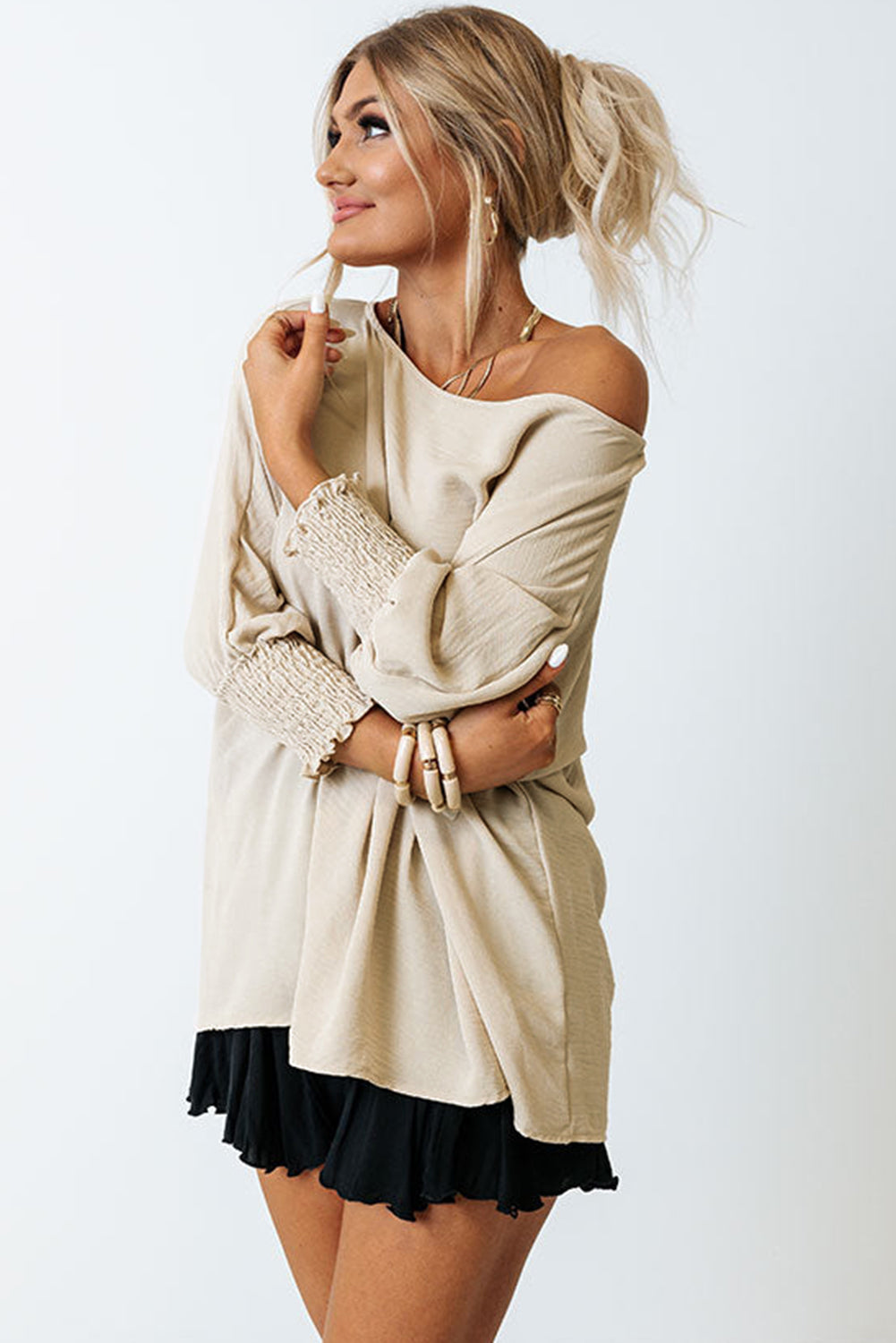 Casual Shirred Cuffs Half Sleeve Blouse