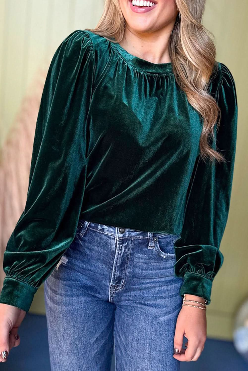 Sea Green Elegant Velvet Long Puff Sleeve Blouse.