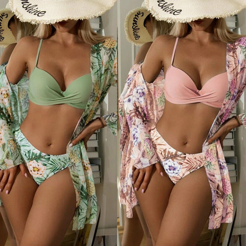 Bikini New Swimsuit Three-Piece Mesh Shawl Blouse Kimono Split Print B