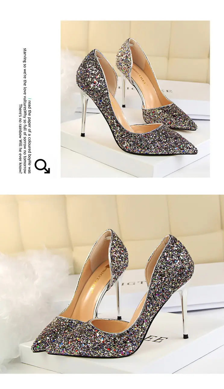 Skinny Women’s Shoes Stiletto Heel Shallow Mouth Pointed Side Hollow-out Sequin