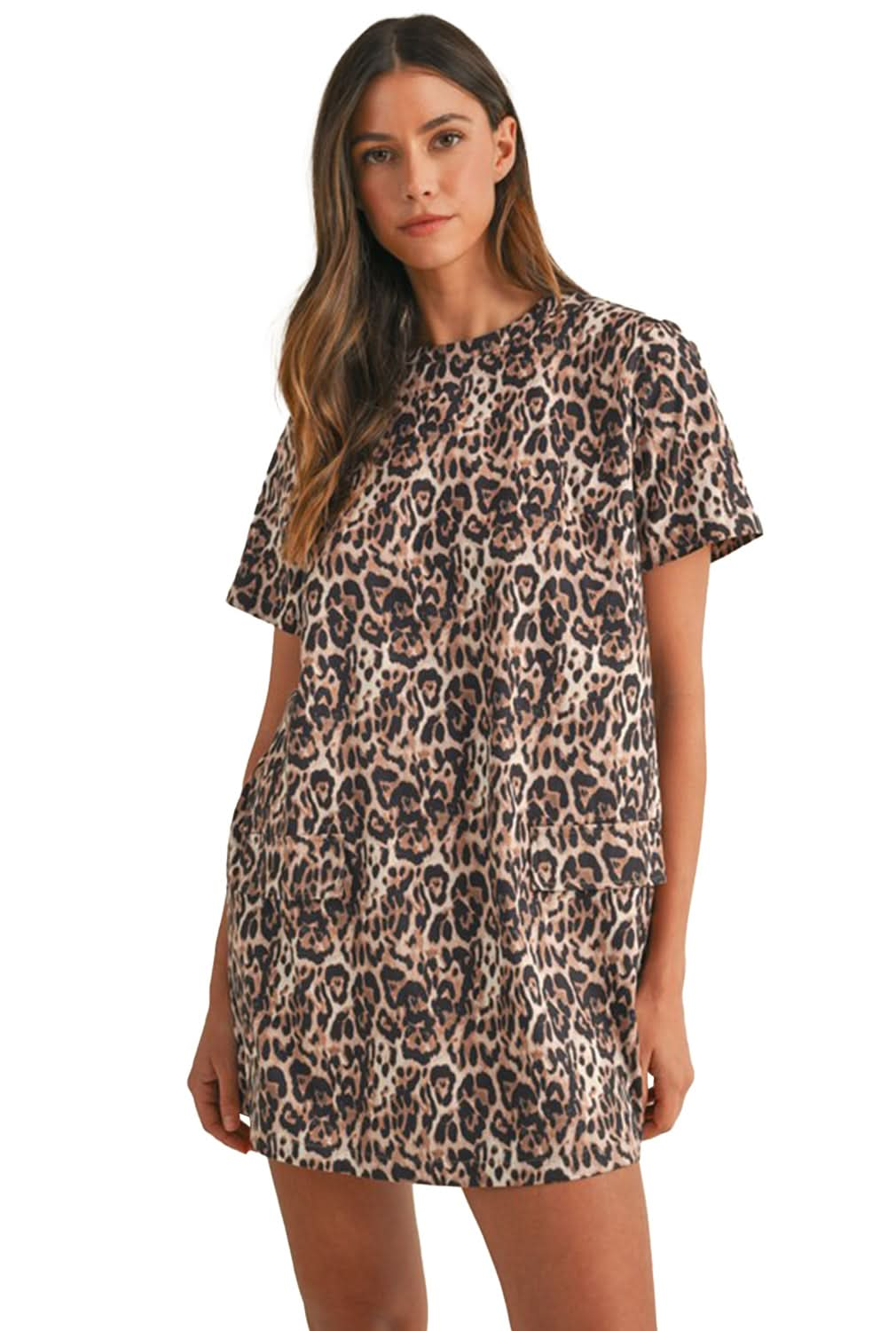 Brown Leopard Print Short Sleeve Pocket Mini Dress.