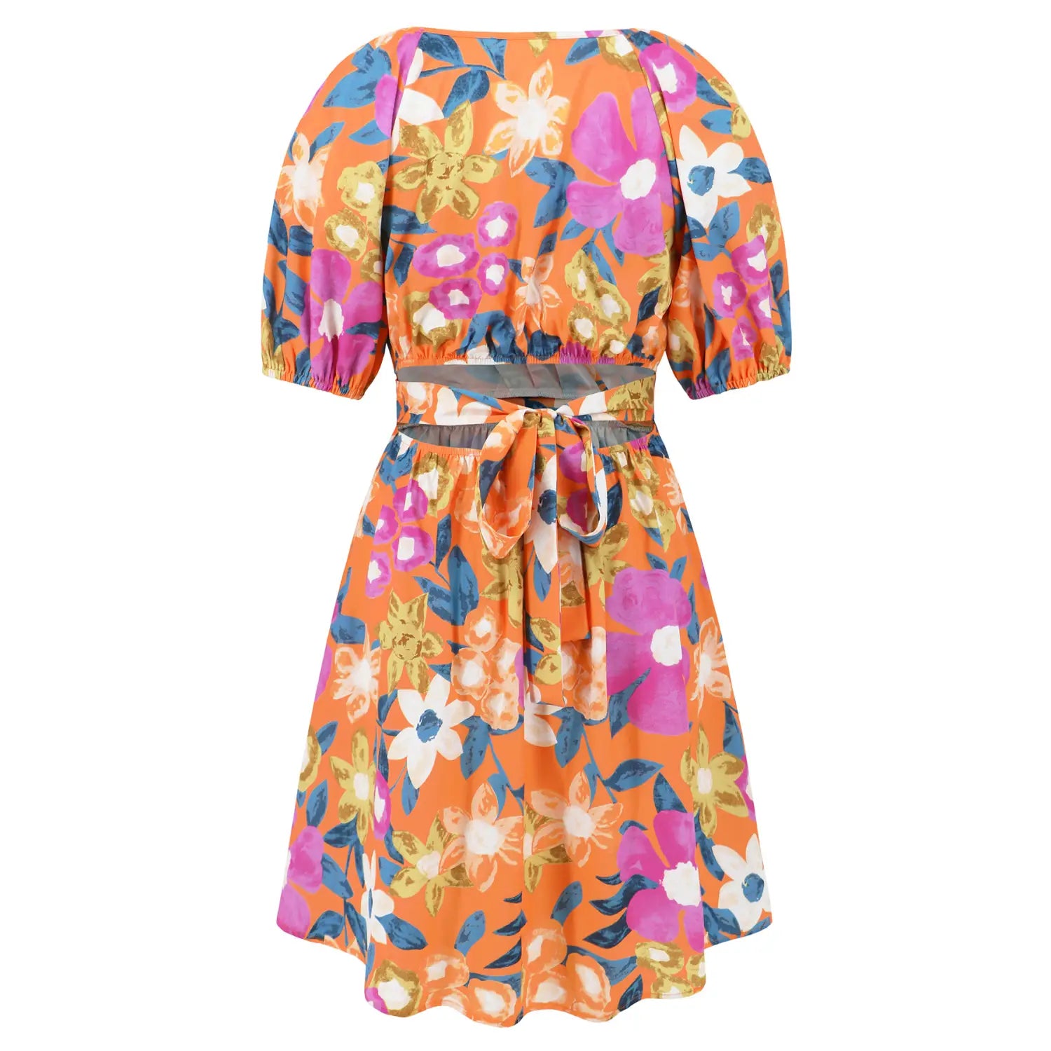 Flowers Print V-Neck Lantern-sleeve Dress