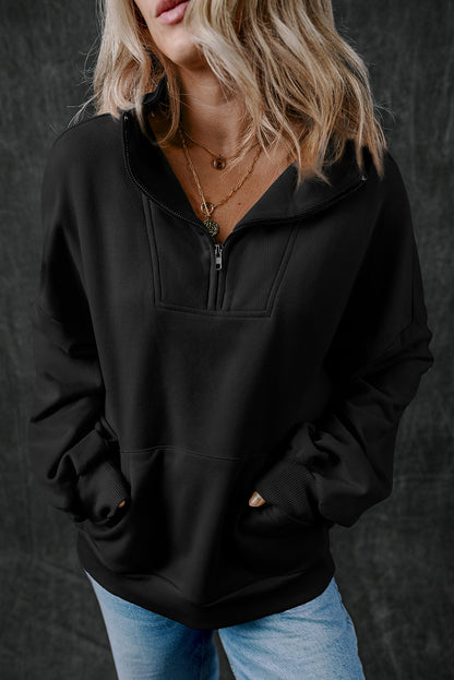 Zip-up Stand Neck Kangaroo Pocket Hoodie