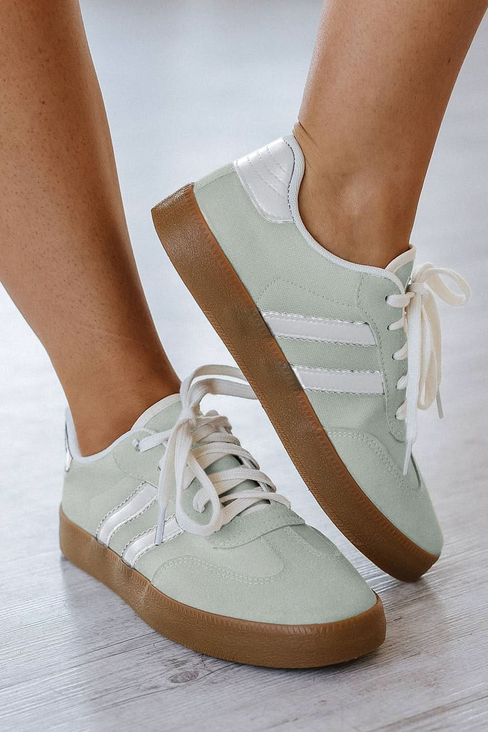 White Striped Lace Up Flat Sneakers.