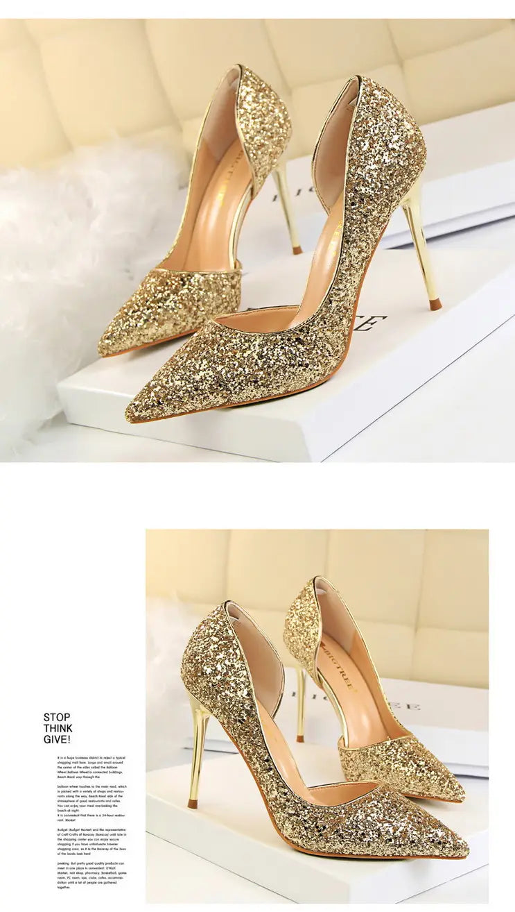 Skinny Women’s Shoes Stiletto Heel Shallow Mouth Pointed Side Hollow-out Sequin