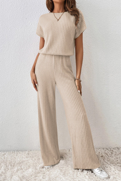 Parchment Ribbed Short Sleeve Wide Leg Jumpsuit.