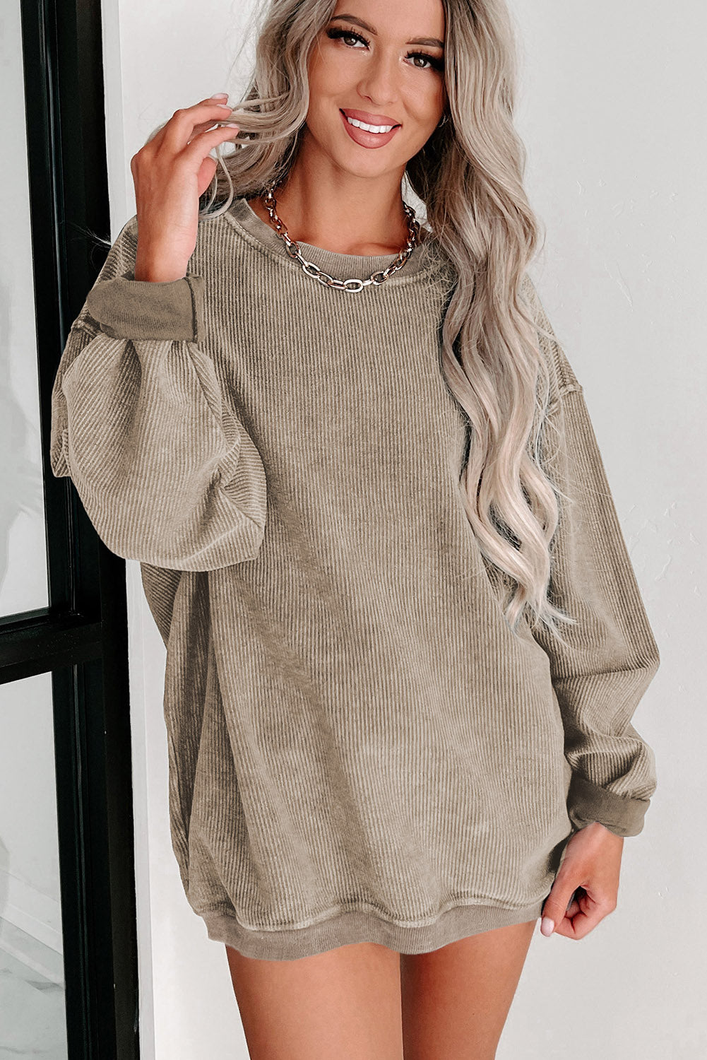 Khaki Solid Ribbed Round Neck Pullover Sweatshirt.