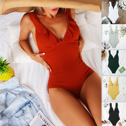 New Sexy One Piece Bikini Solid Color Flash V-Neck Swimsuit