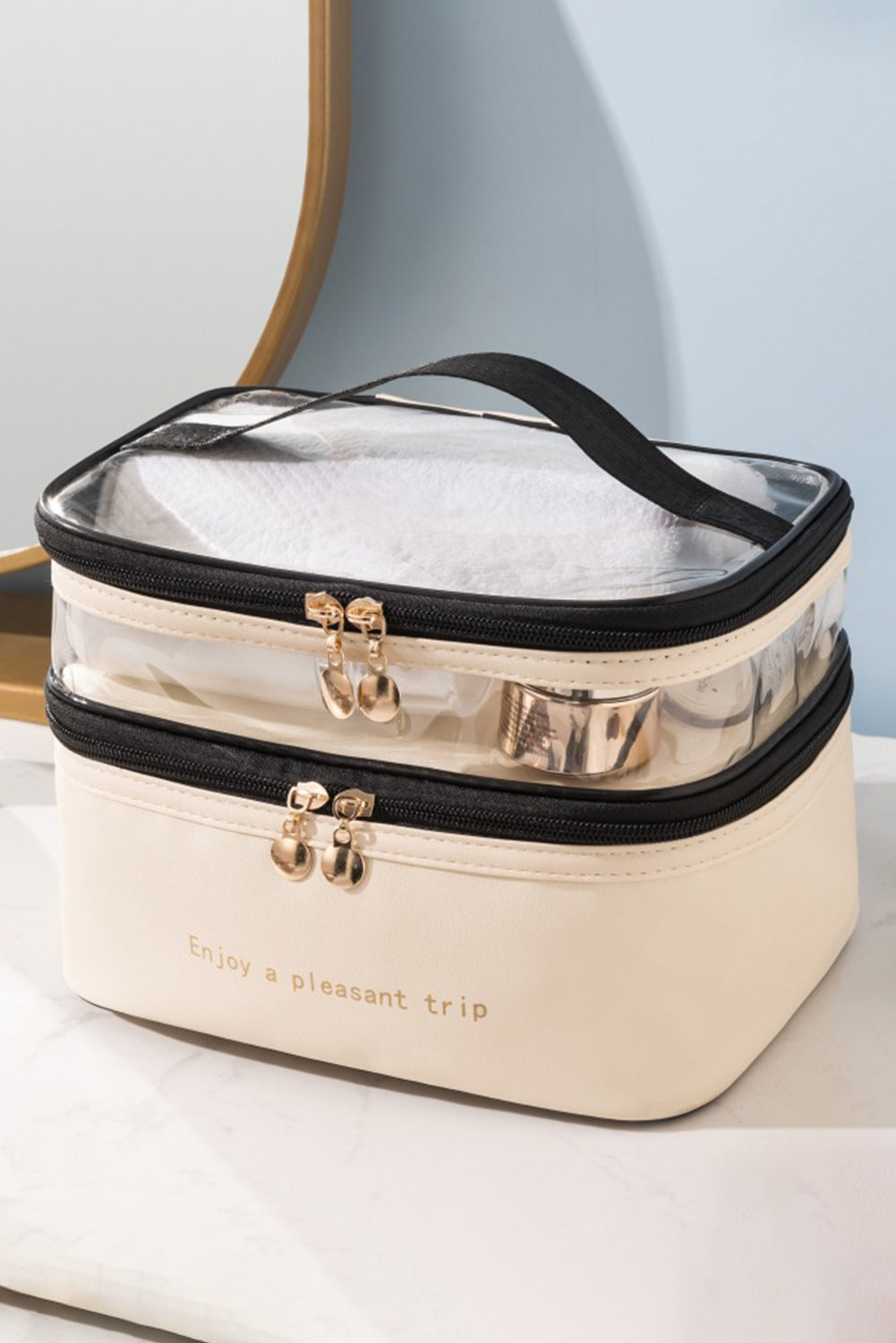 Beige Waterproof PVC Double Layer Cosmetic Bag.