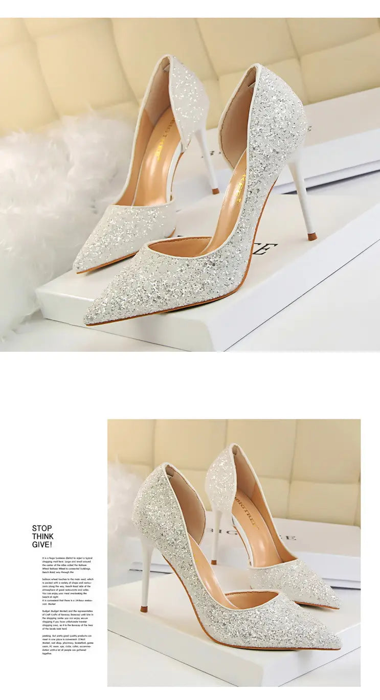 Skinny Women’s Shoes Stiletto Heel Shallow Mouth Pointed Side Hollow-out Sequin