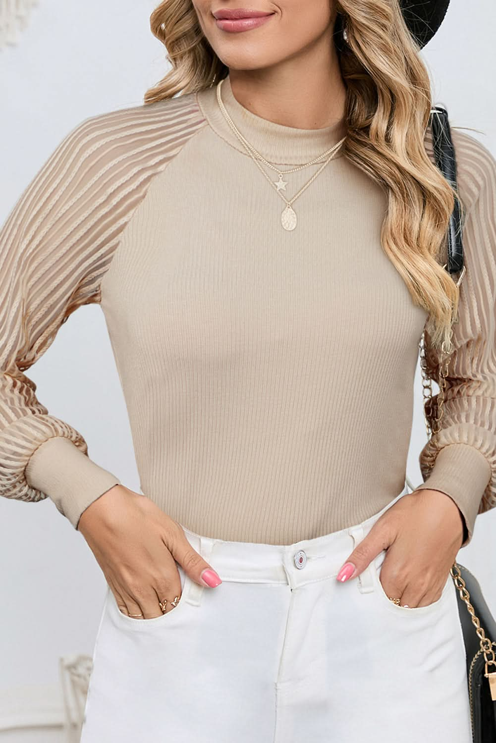 Black Basic Crew Neck Dressy Striped Mesh Long Sleeve Top.