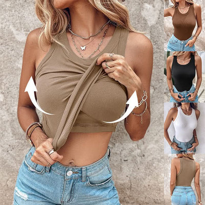 Round Neck Vest With Bra Summer Solid Color Bottom Sleeveless Top Womens Clothing.